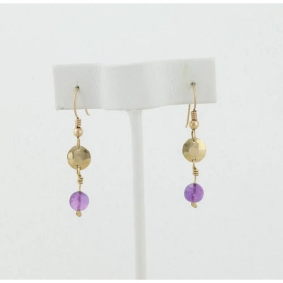 10k Yellow Gold Natural Amethyst Dangle Drop Earrings - Picture 6 of 7